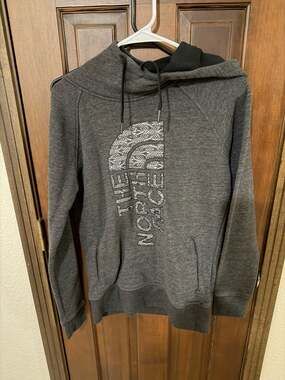 The North Face Women's Charcoal Grey Funnel Neck Lace Logo Hoodie Size Medium